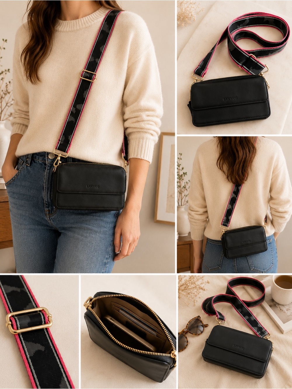 Black Crossbody Bag with Pink-Trim Adjustable Strap
